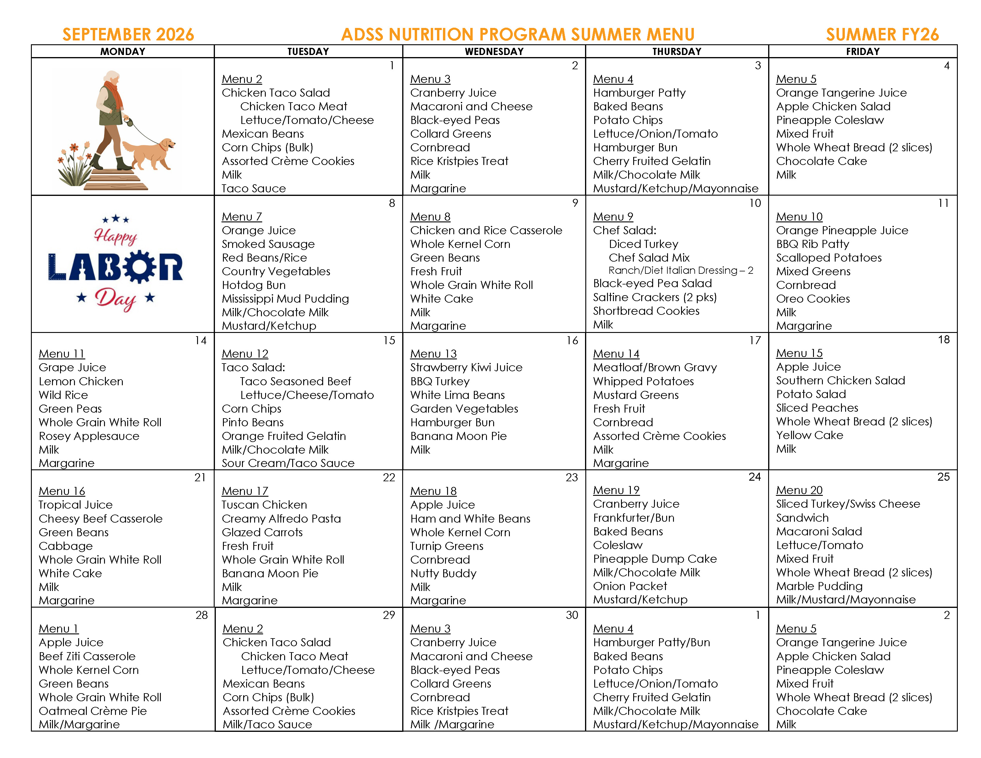 September Council on Aging Nutrition Program menu for September