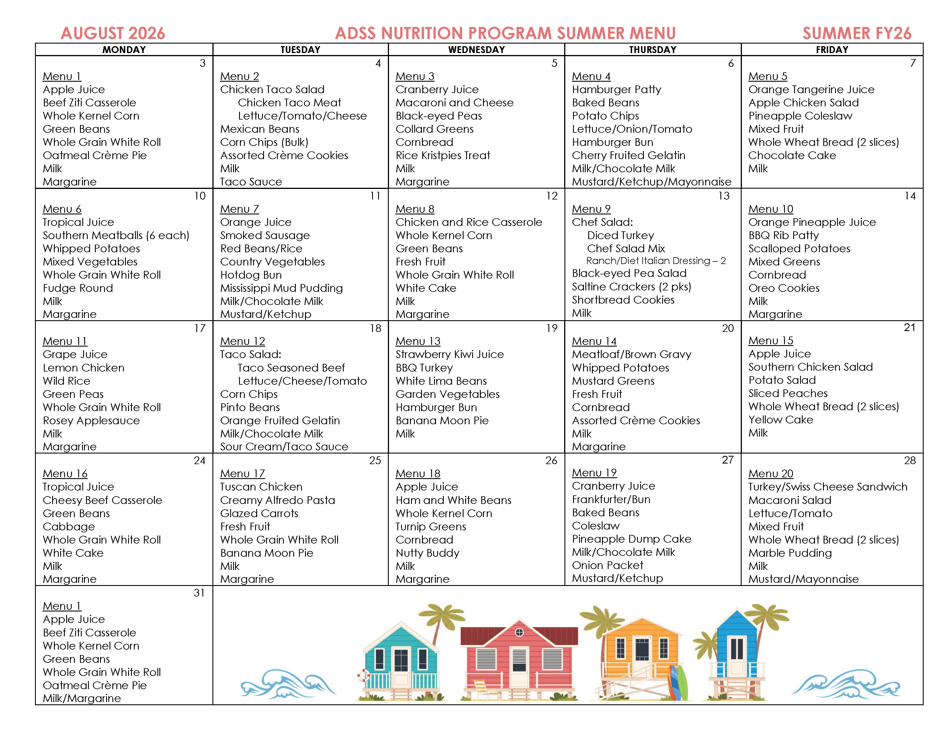August Senior Nutrition Center Menu